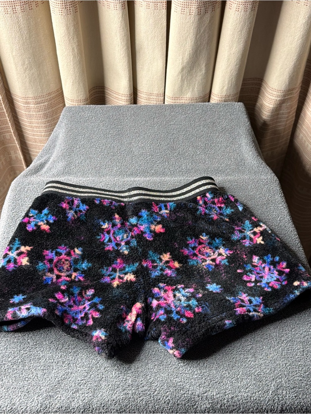 More Than Magic Black Fuzzy Floral Pajama Shorts with Multicolor Snowflake Print